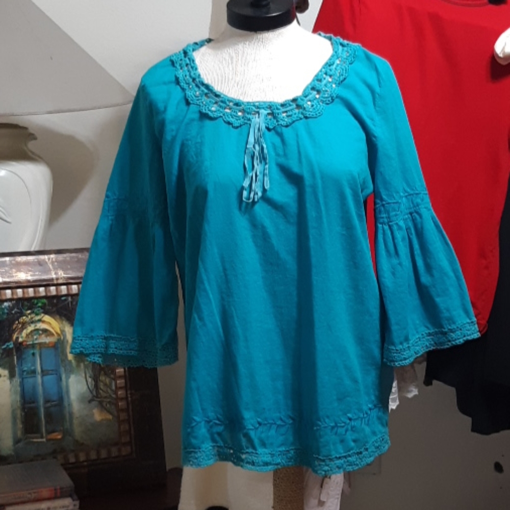 Womens Teal blue boho Blouse Sz  Med Large Stretch Elastic shirt top